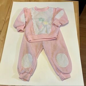 Vintage Sears Baby Girl 24 Months Pink Jogging Sweat Suit Outfit Elbow Patches